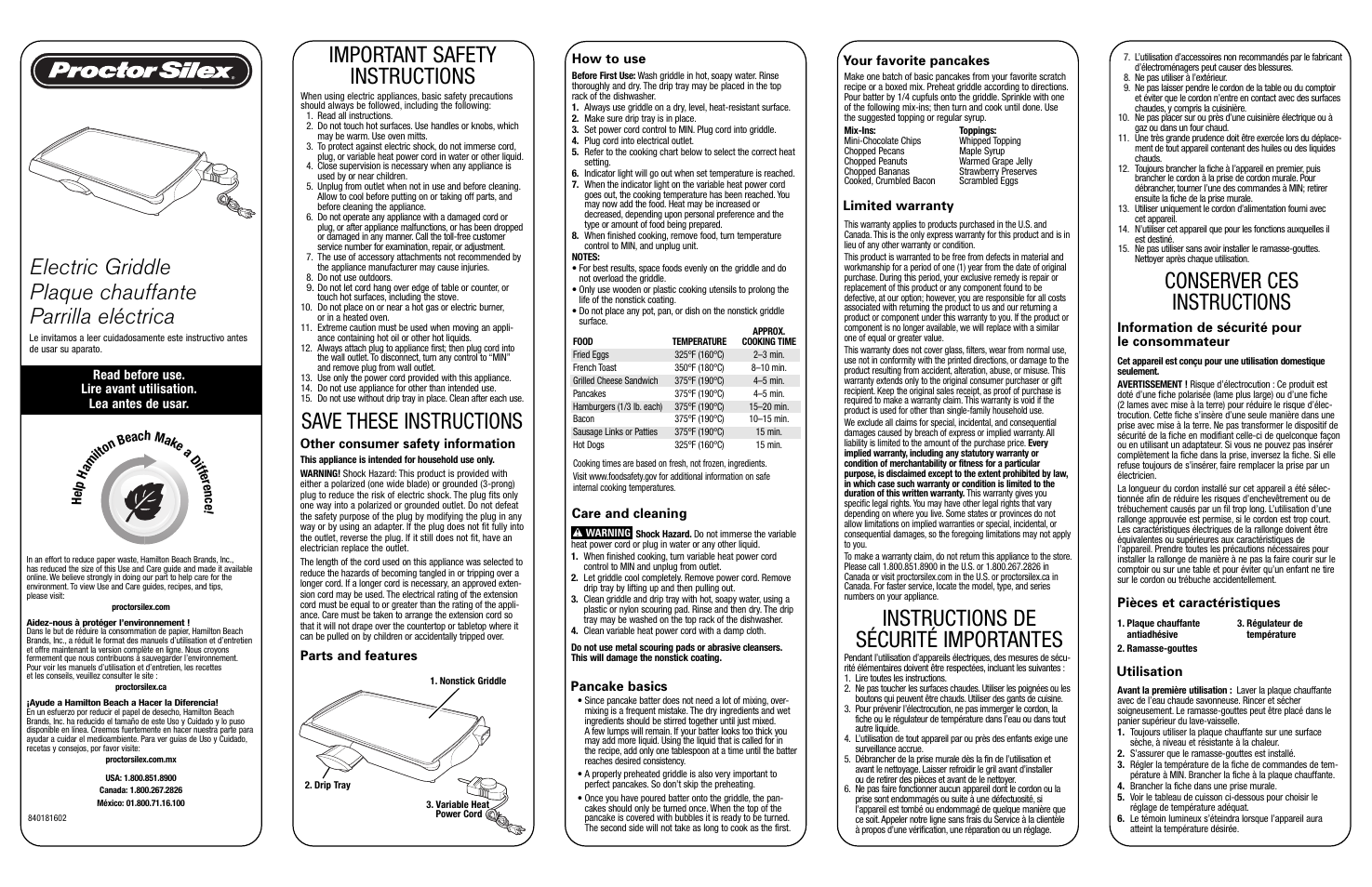 Proctor-Silex Nonstick Electric Griddle-38513P User Manual | 2 pages