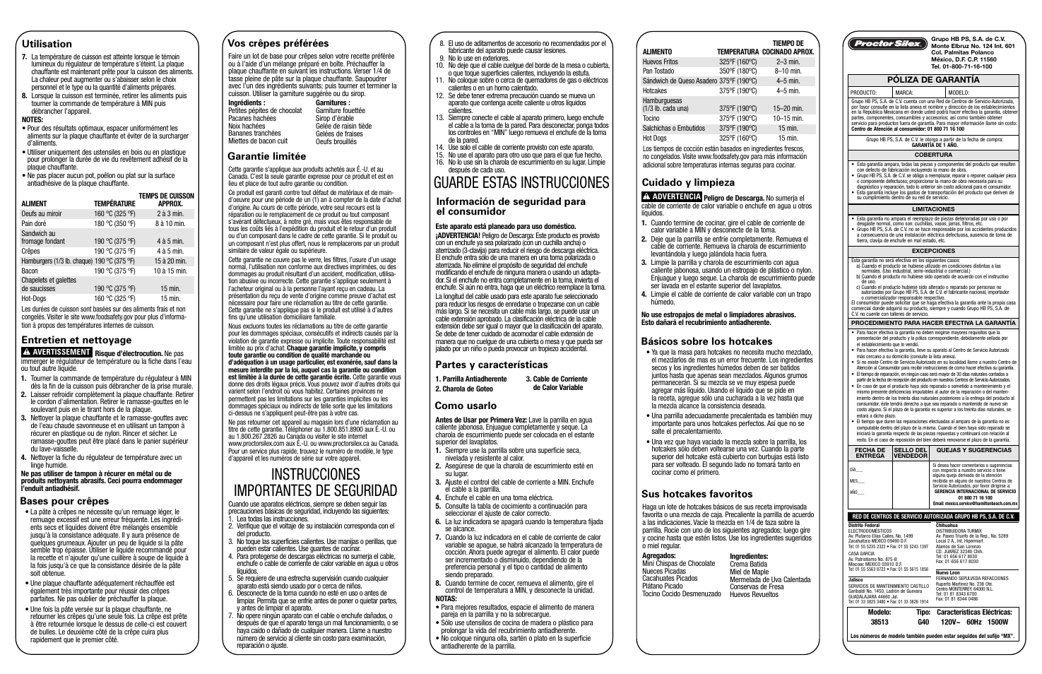 Instrucciones importantes de seguridad, Guarde estas instrucciones, Garantie limitée | Información de seguridad para el consumidor, Partes y características como usarlo utilisation, Entretien et nettoyage, Bases pour crêpes, Vos crêpes préférées, Cuidado y limpieza, Básicos sobre los hotcakes | Proctor-Silex Nonstick Electric Griddle-38513P User Manual | Page 2 / 2