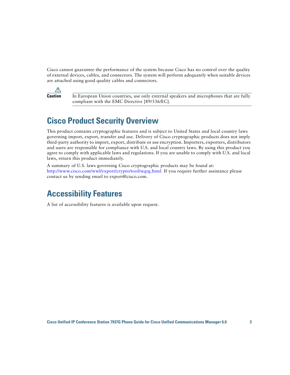 Cisco product security overview, Accessibility features | Cisco 7937G User Manual | Page 11 / 70
