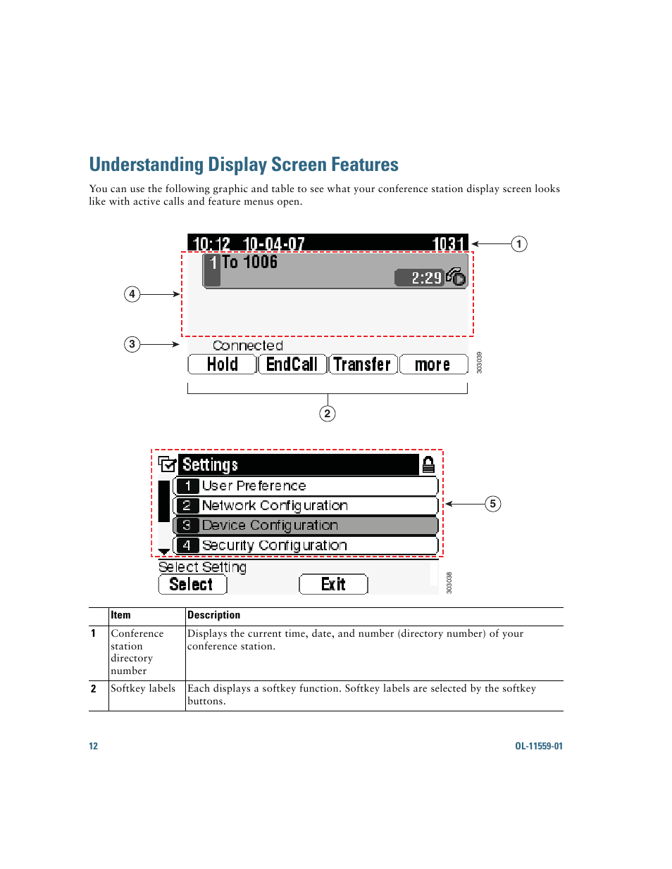 Understanding display screen features | Cisco 7937G User Manual | Page 20 / 70