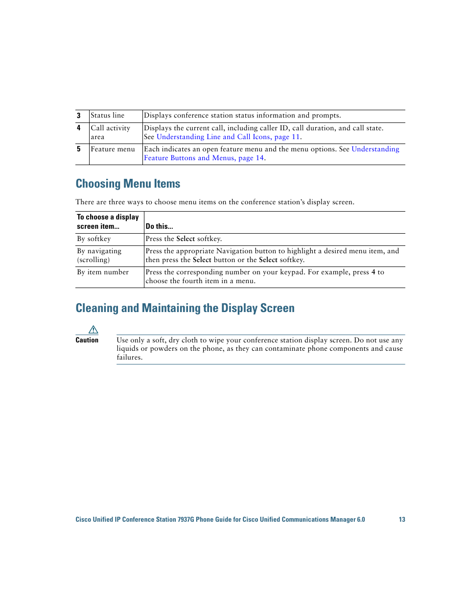 Choosing menu items, Cleaning and maintaining the display screen | Cisco 7937G User Manual | Page 21 / 70