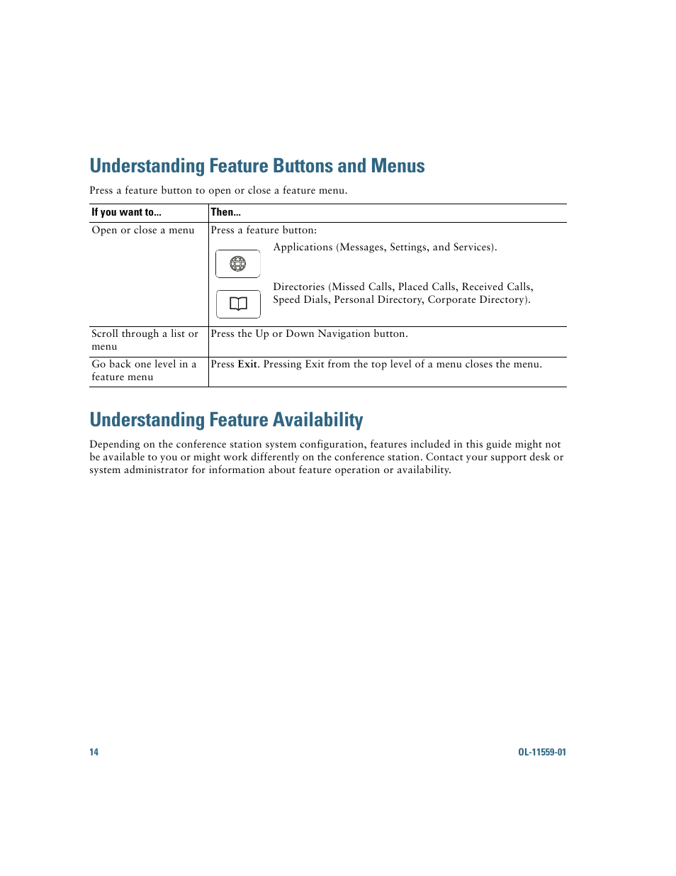 Understanding feature buttons and menus, Understanding feature availability, Options. see | Understanding | Cisco 7937G User Manual | Page 22 / 70