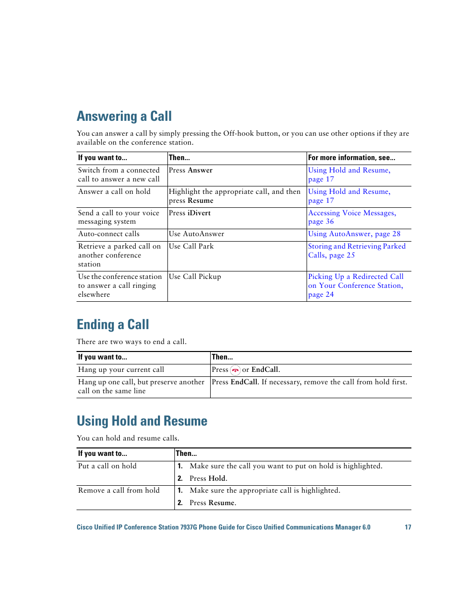 Answering a call, Ending a call, Using hold and resume | Cisco 7937G User Manual | Page 25 / 70