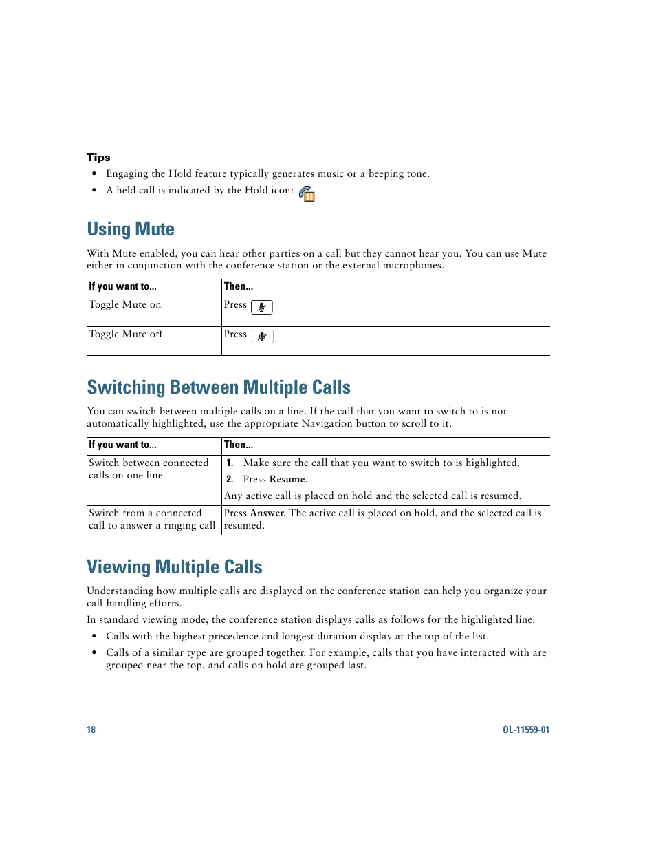 Using mute, Switching between multiple calls, Viewing multiple calls | Cisco 7937G User Manual | Page 26 / 70