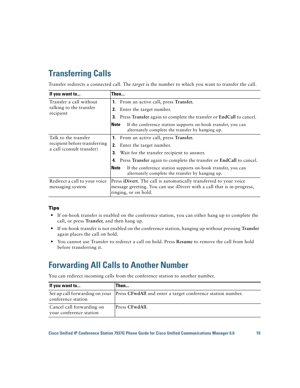 Transferring calls, Forwarding all calls to another number | Cisco 7937G User Manual | Page 27 / 70