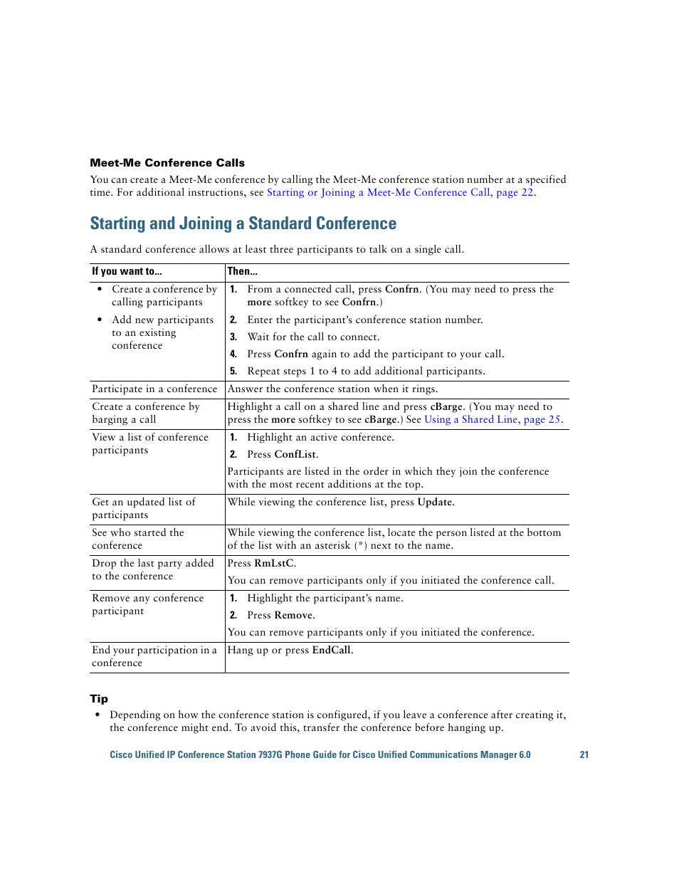 Starting and joining a standard conference | Cisco 7937G User Manual | Page 29 / 70