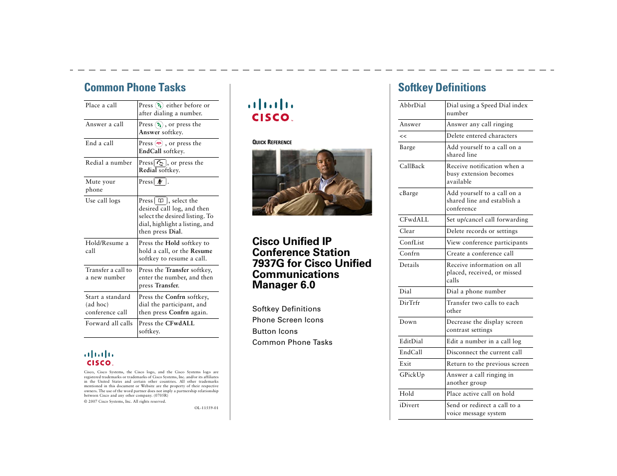 Common phone tasks, Softkey definitions | Cisco 7937G User Manual | Page 3 / 70