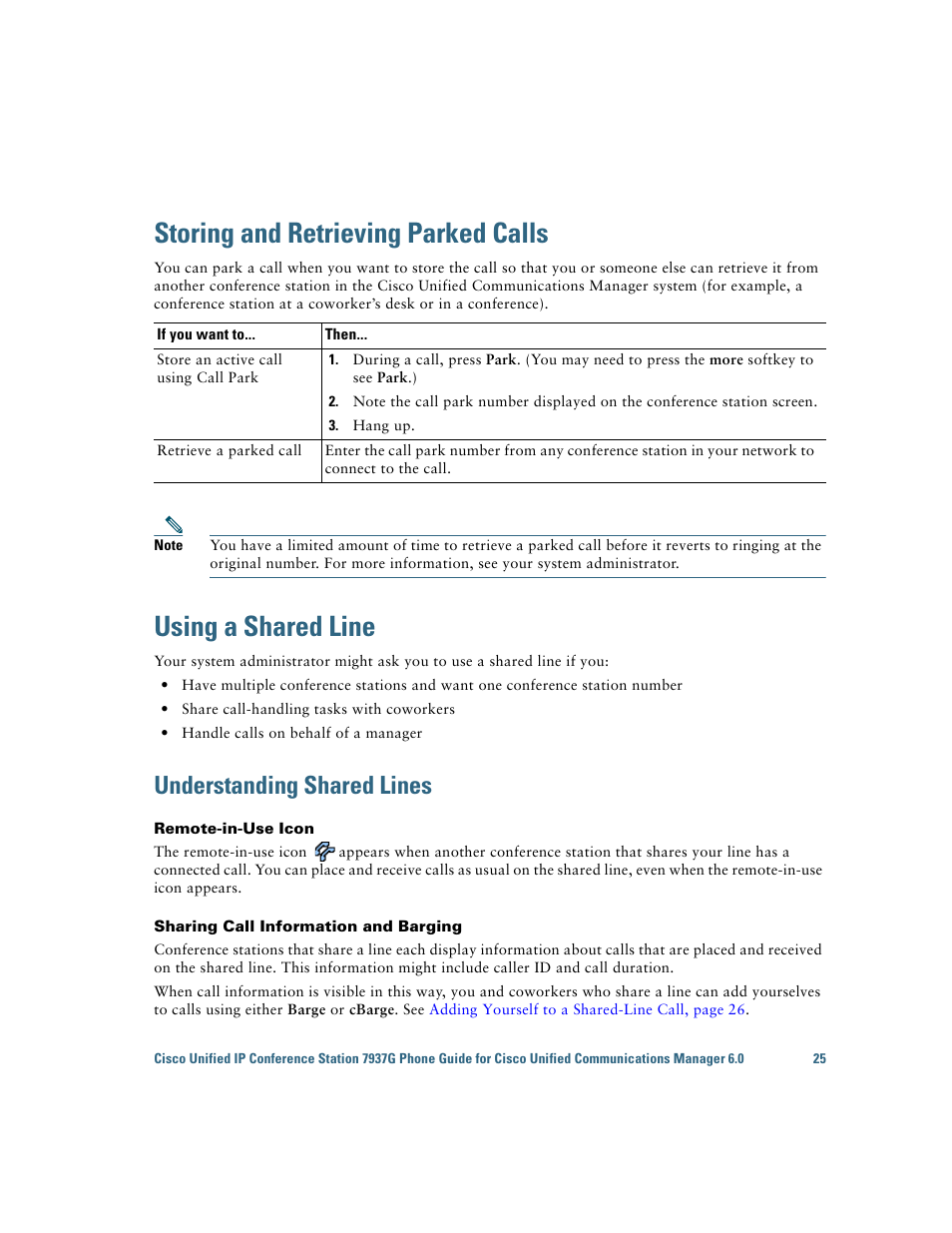 Storing and retrieving parked calls, Using a shared line, Understanding shared lines | Using a | Cisco 7937G User Manual | Page 33 / 70