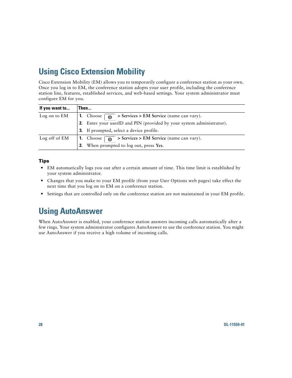 Using cisco extension mobility, Using autoanswer | Cisco 7937G User Manual | Page 36 / 70