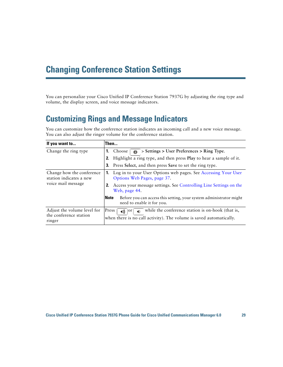 Changing conference station settings, Customizing rings and message indicators | Cisco 7937G User Manual | Page 37 / 70