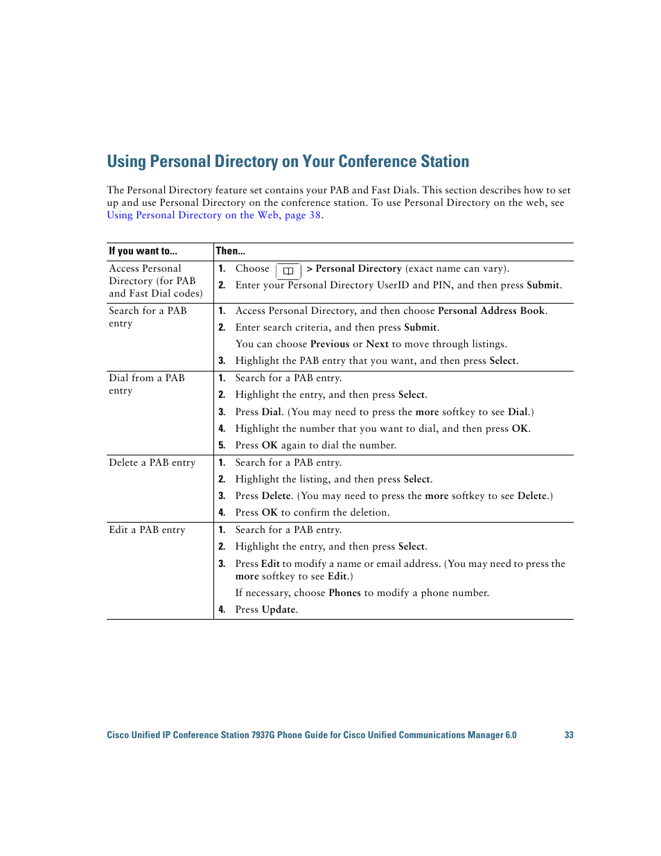 Using personal directory, Using | Cisco 7937G User Manual | Page 41 / 70