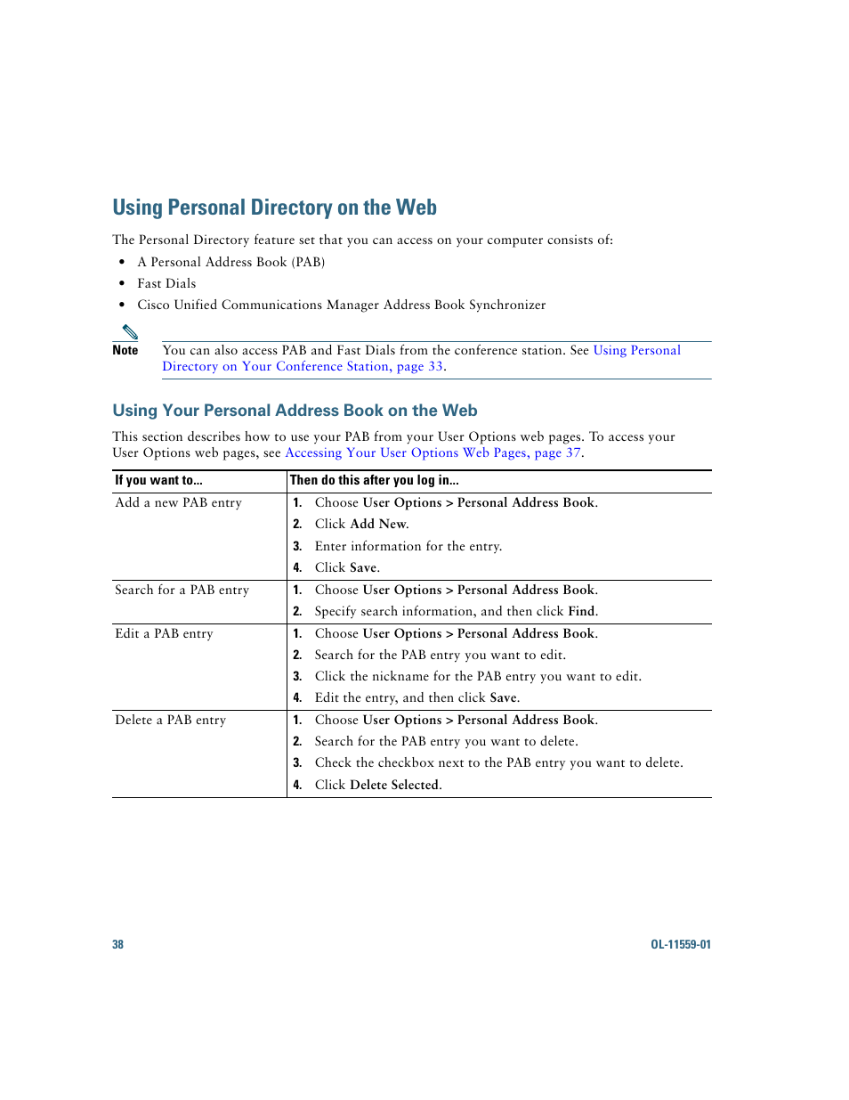 Using personal directory on the web, Using your personal address book on the web, Using personal | Cisco 7937G User Manual | Page 46 / 70