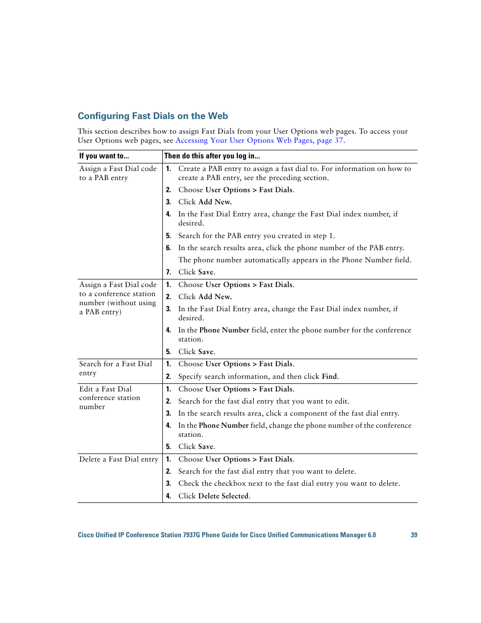 Configuring fast dials on the web | Cisco 7937G User Manual | Page 47 / 70