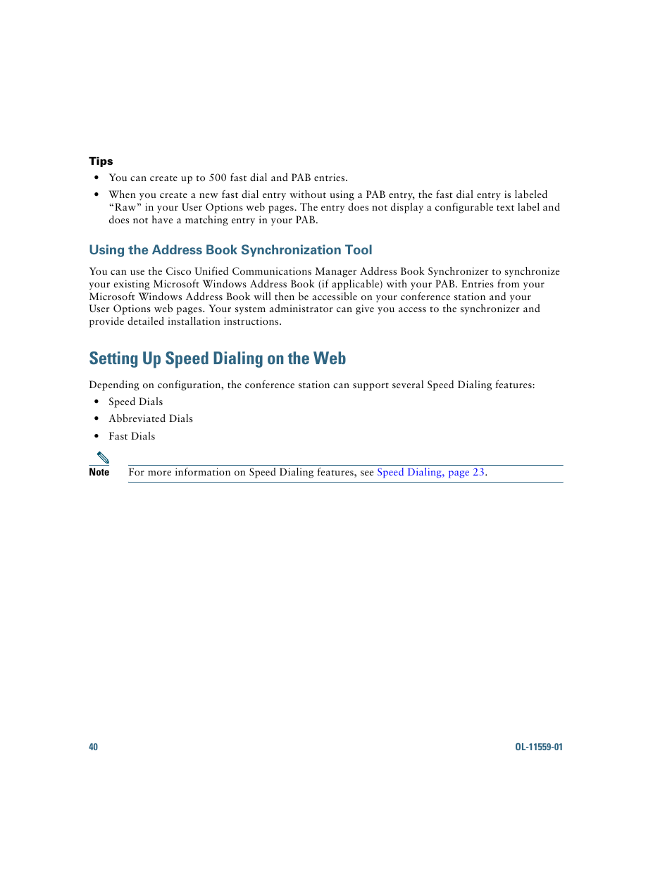 Using the address book synchronization tool, Setting up speed dialing on the web | Cisco 7937G User Manual | Page 48 / 70