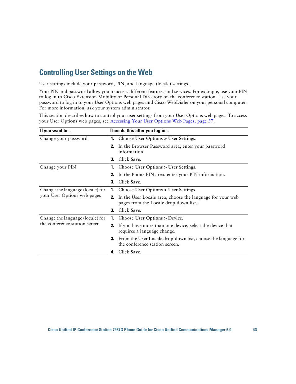 Controlling user settings on the web | Cisco 7937G User Manual | Page 51 / 70