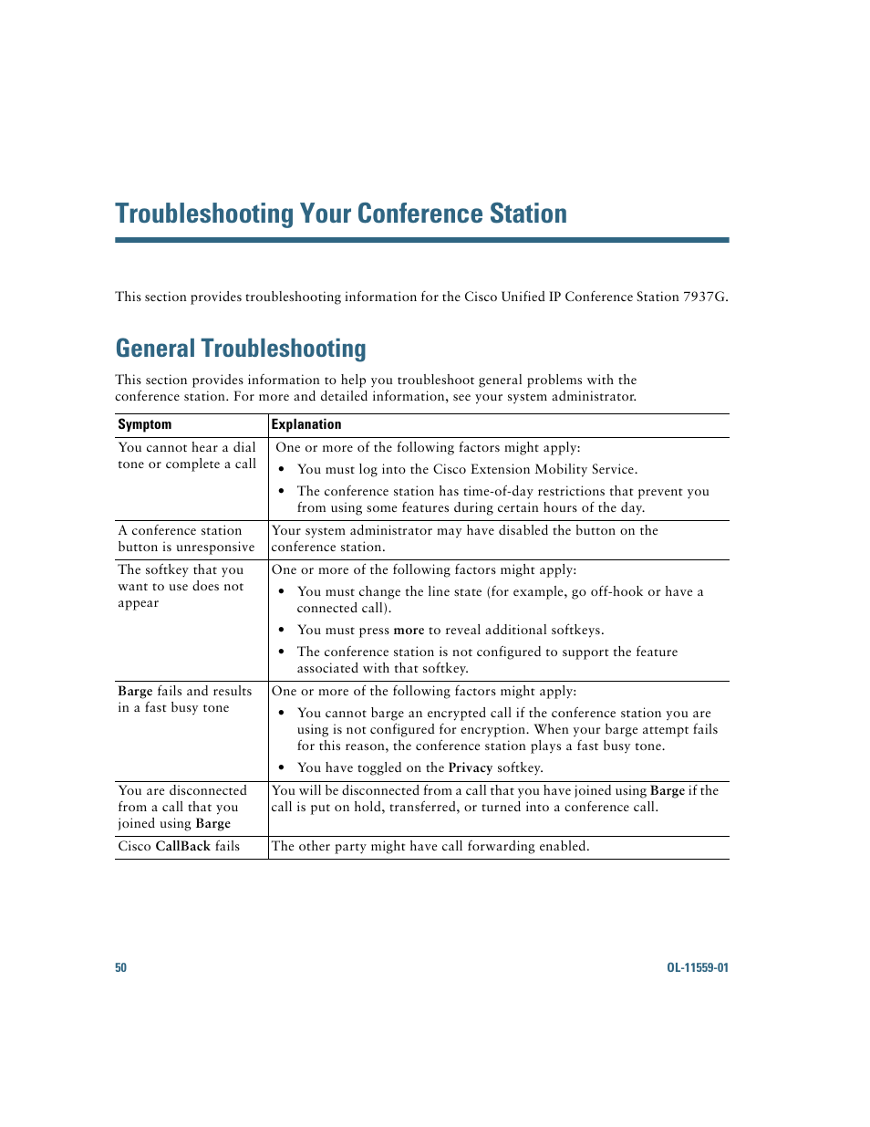 Troubleshooting your conference station, General troubleshooting | Cisco 7937G User Manual | Page 58 / 70