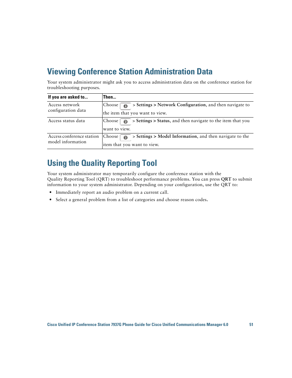 Viewing conference station administration data, Using the quality reporting tool | Cisco 7937G User Manual | Page 59 / 70