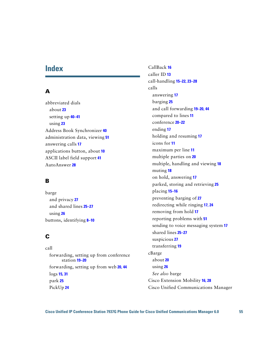 Index | Cisco 7937G User Manual | Page 63 / 70