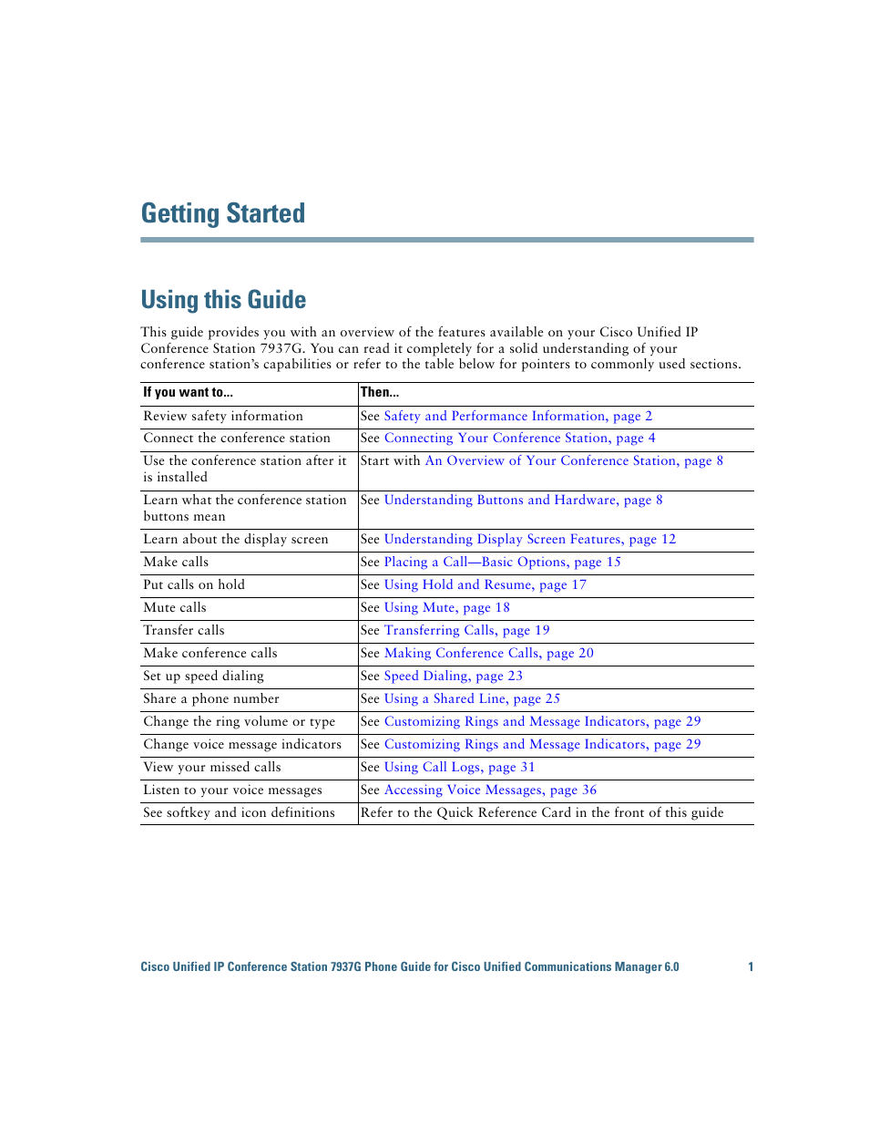 Getting started, Using this guide | Cisco 7937G User Manual | Page 9 / 70