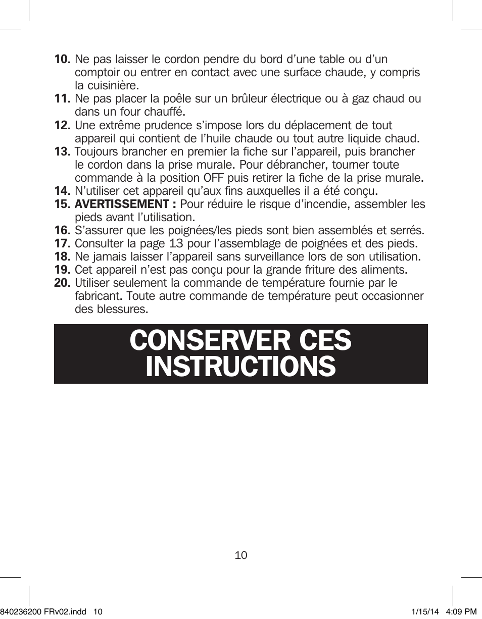 Conserver ces instructions | Proctor-Silex Electric Skillet-38526 User Manual | Page 10 / 28