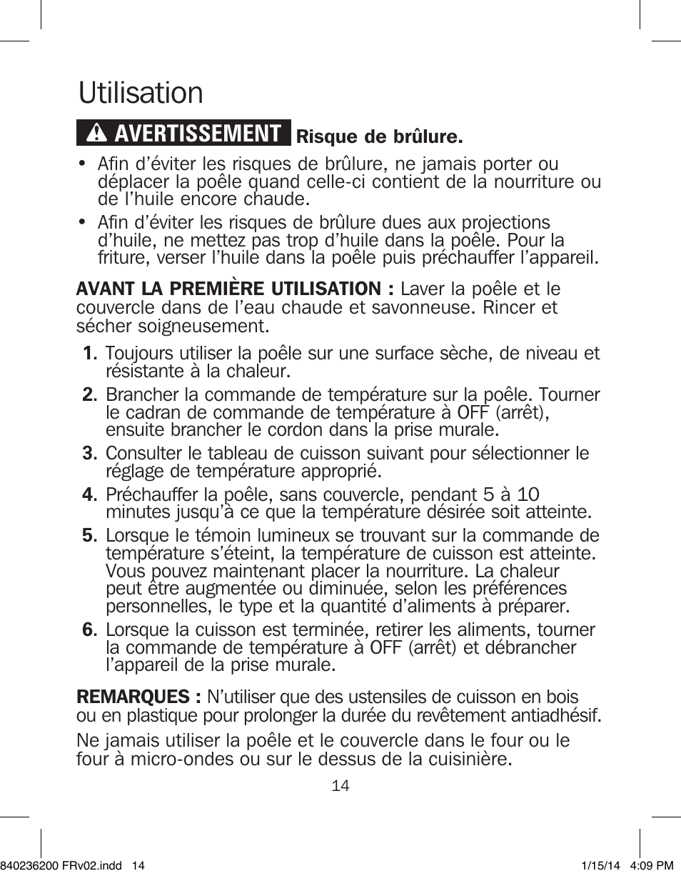 Utilisation, Wavertissement | Proctor-Silex Electric Skillet-38526 User Manual | Page 14 / 28