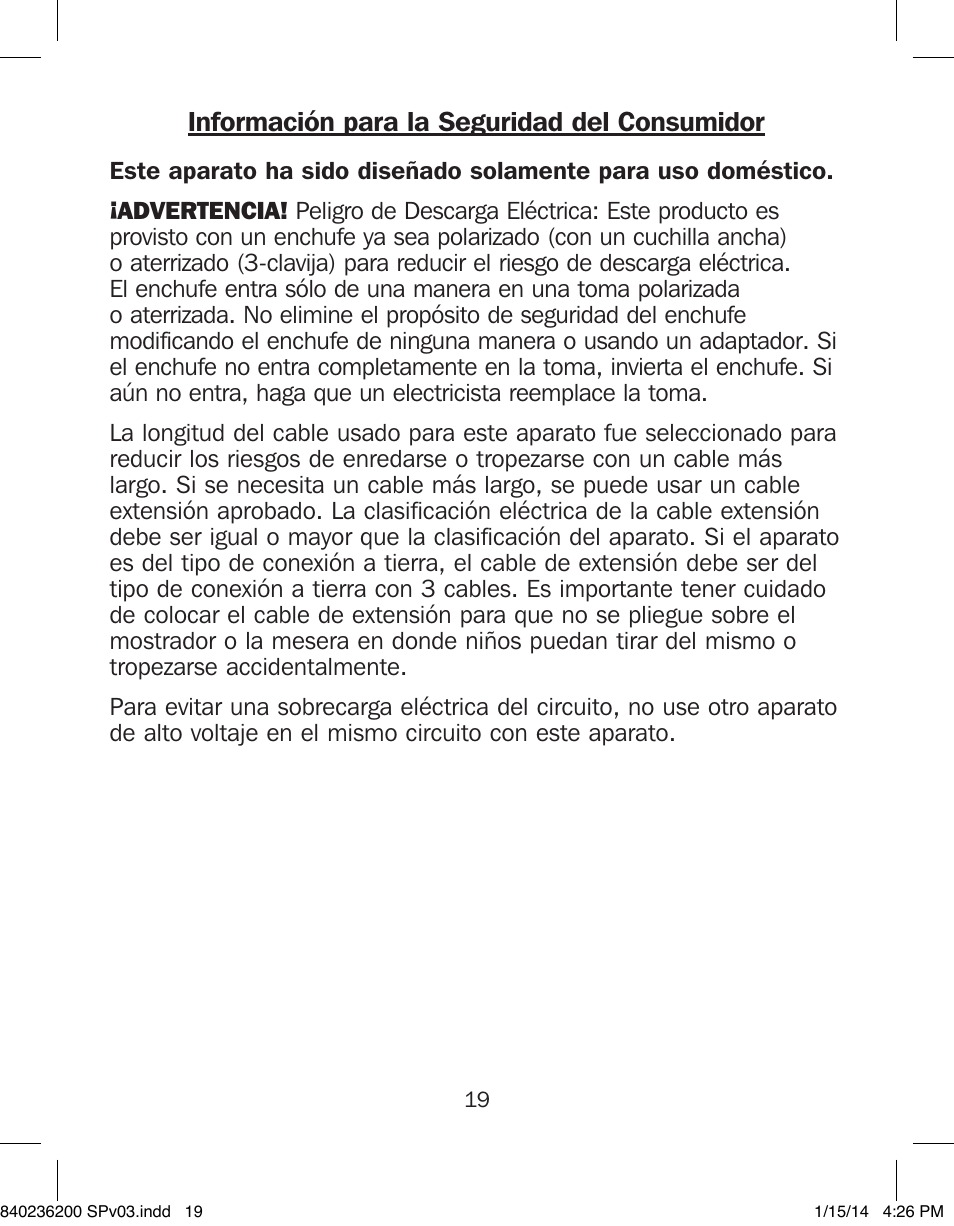Información para la seguridad del consumidor | Proctor-Silex Electric Skillet-38526 User Manual | Page 19 / 28