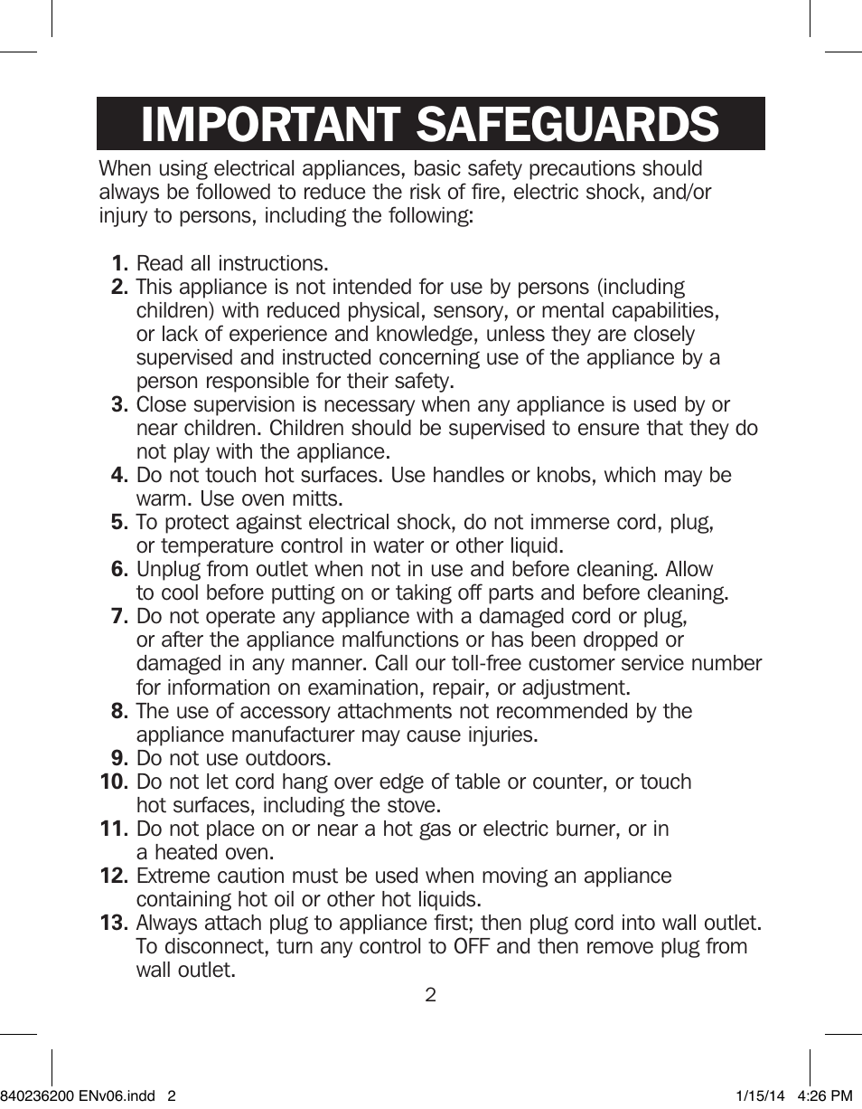 Important safeguards | Proctor-Silex Electric Skillet-38526 User Manual | Page 2 / 28