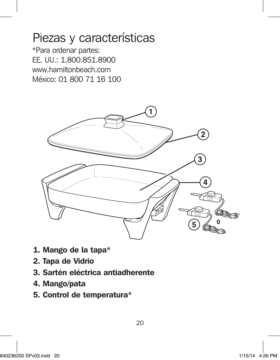 Piezas y características | Proctor-Silex Electric Skillet-38526 User Manual | Page 20 / 28