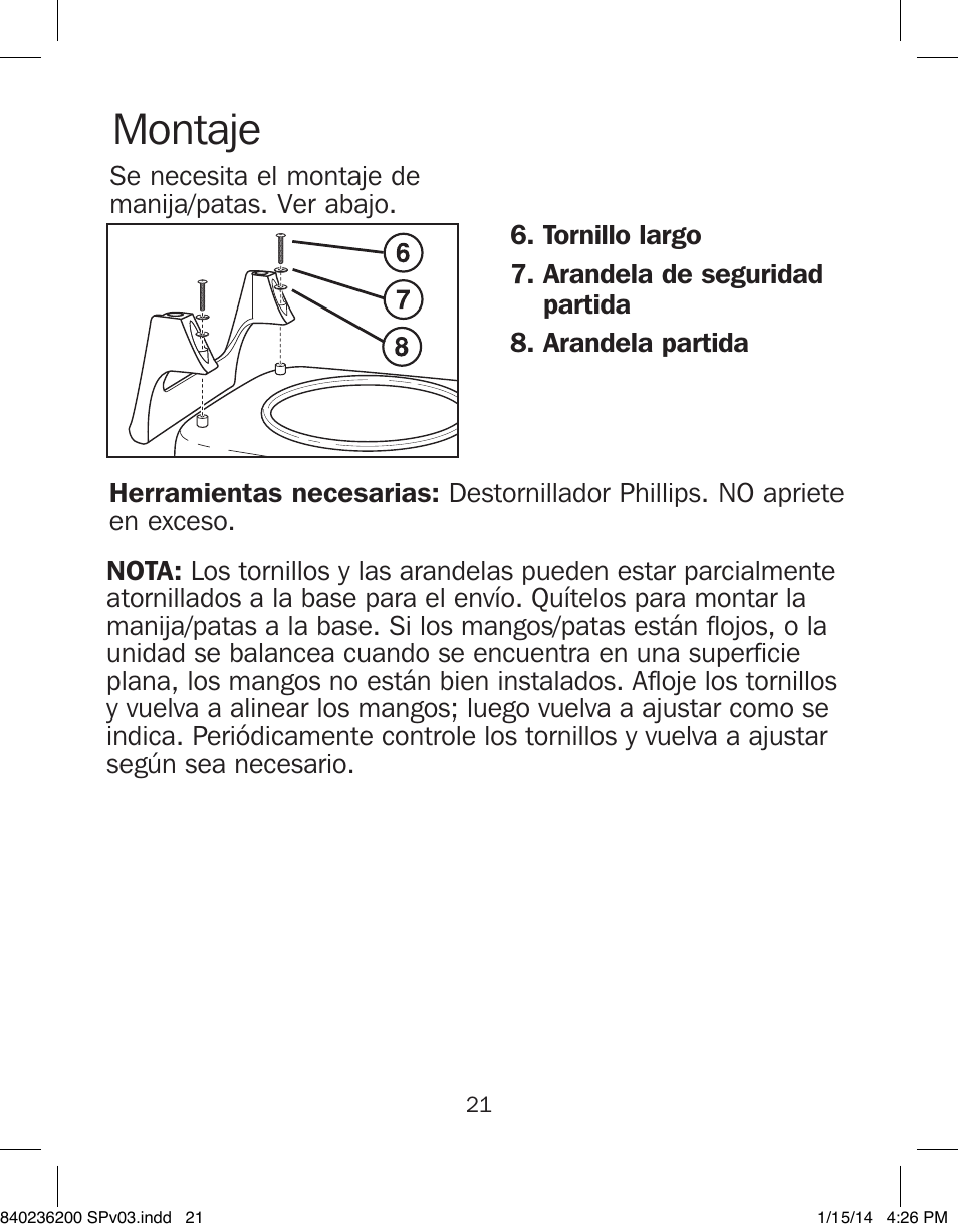 Montaje | Proctor-Silex Electric Skillet-38526 User Manual | Page 21 / 28