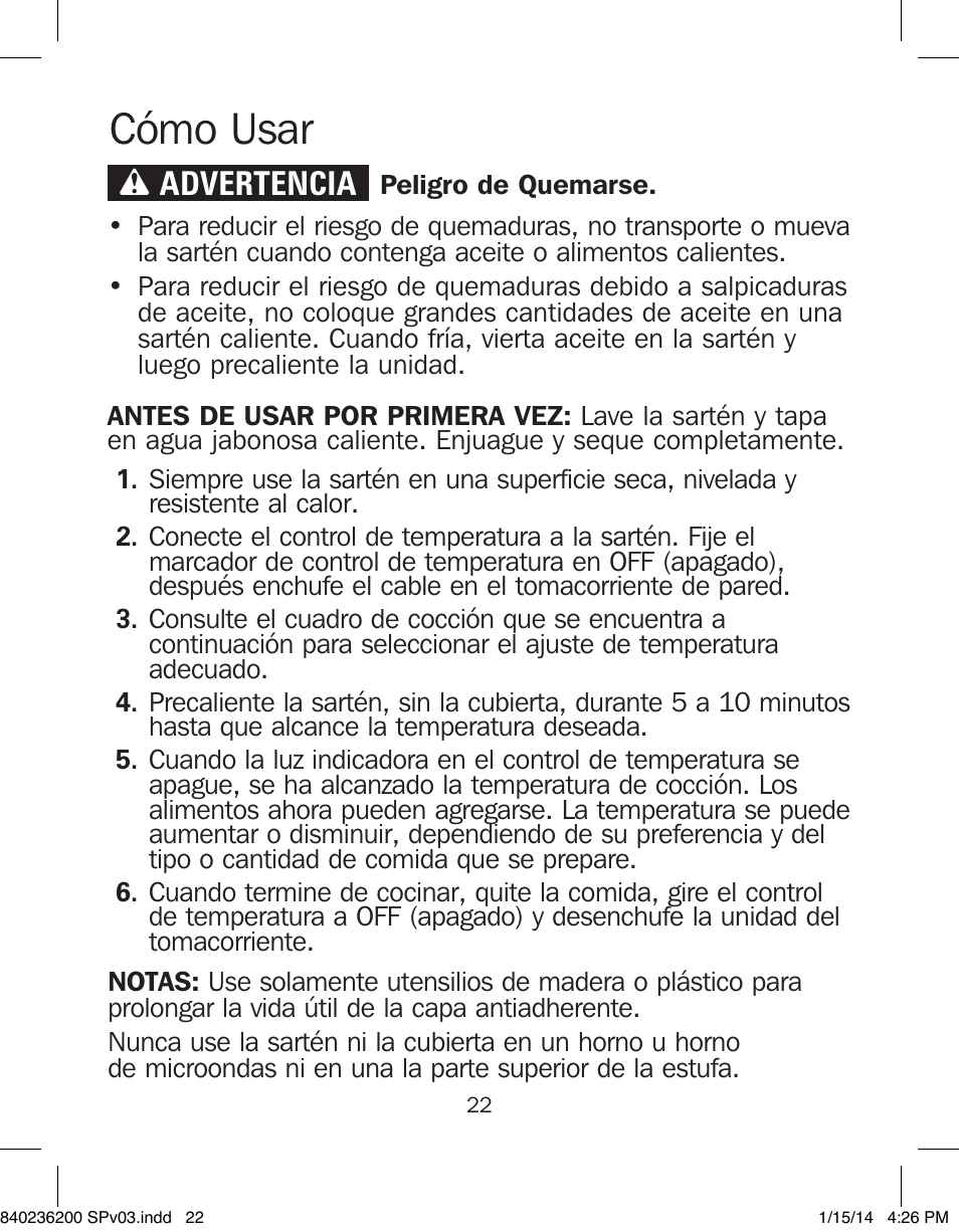 Cómo usar, Wadvertencia | Proctor-Silex Electric Skillet-38526 User Manual | Page 22 / 28
