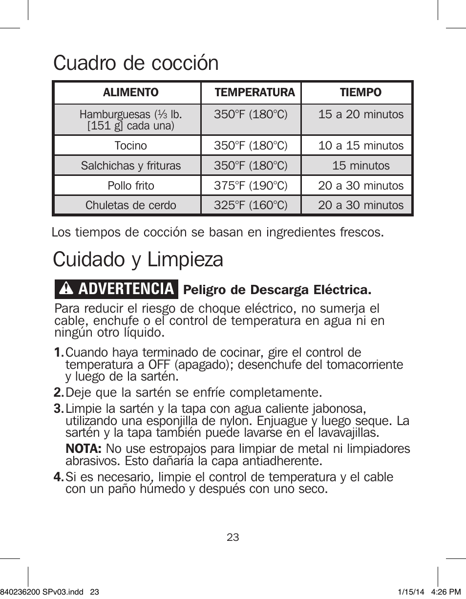 Cuidado y limpieza cuadro de cocción, Wadvertencia | Proctor-Silex Electric Skillet-38526 User Manual | Page 23 / 28