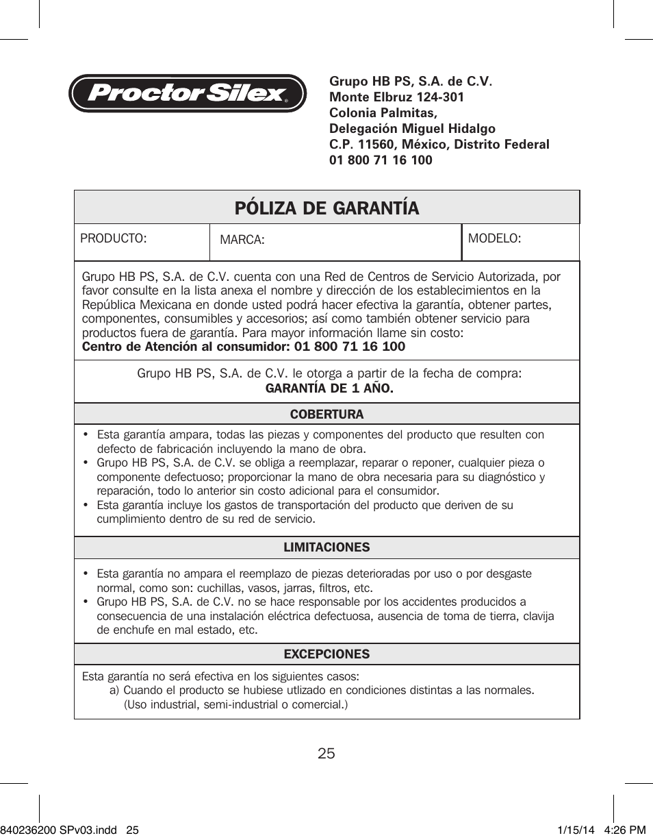 Póliza de garantía | Proctor-Silex Electric Skillet-38526 User Manual | Page 25 / 28