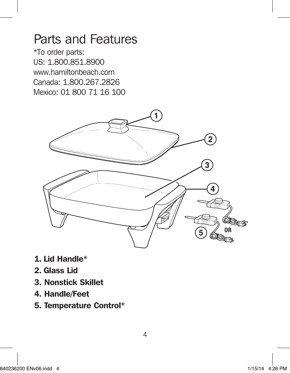 Parts and features | Proctor-Silex Electric Skillet-38526 User Manual | Page 4 / 28