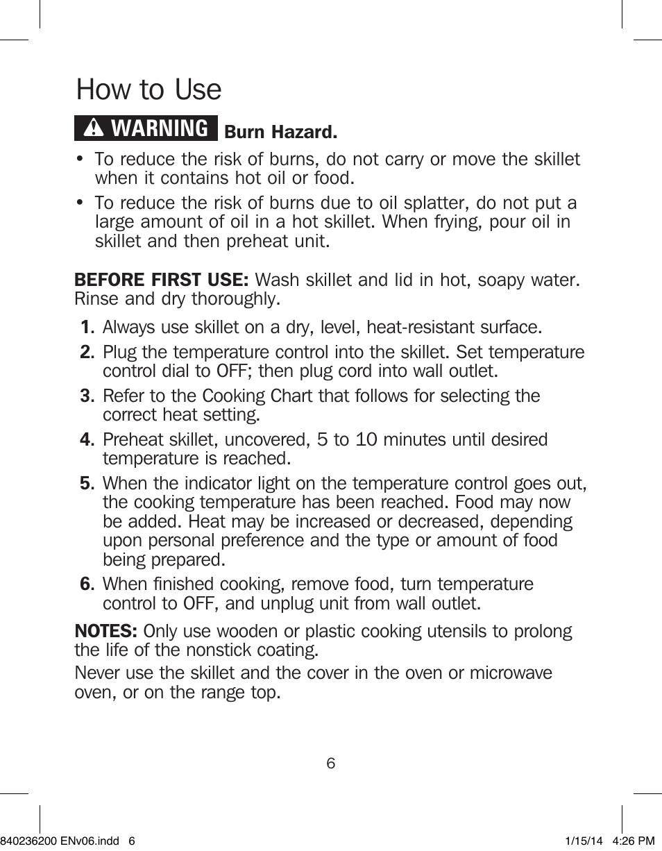 How to use, Wwarning | Proctor-Silex Electric Skillet-38526 User Manual | Page 6 / 28