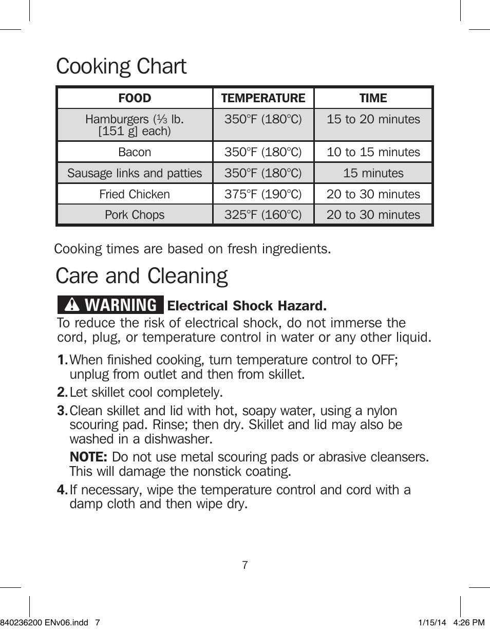Care and cleaning cooking chart, Wwarning | Proctor-Silex Electric Skillet-38526 User Manual | Page 7 / 28