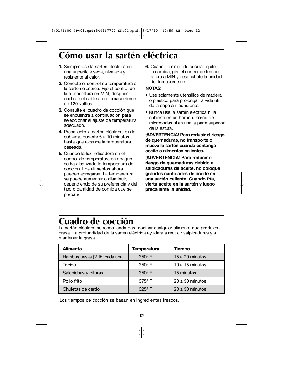 Cuadro de cocción, Cómo usar la sartén eléctrica | Proctor-Silex Nonstick Electric Skillet-38520GY User Manual | Page 12 / 16