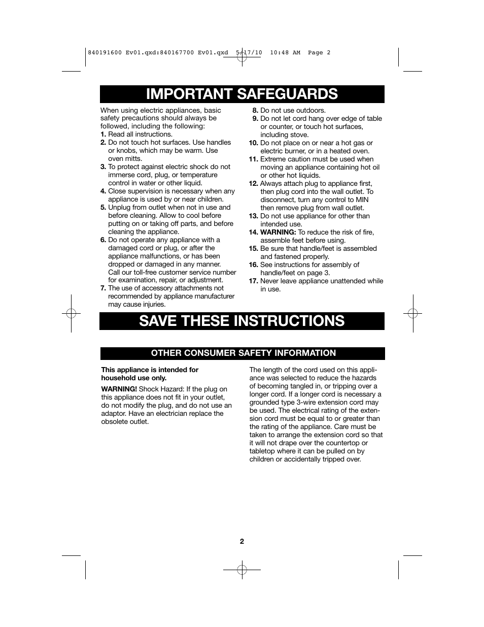 Important safeguards save these instructions | Proctor-Silex Nonstick Electric Skillet-38520GY User Manual | Page 2 / 16