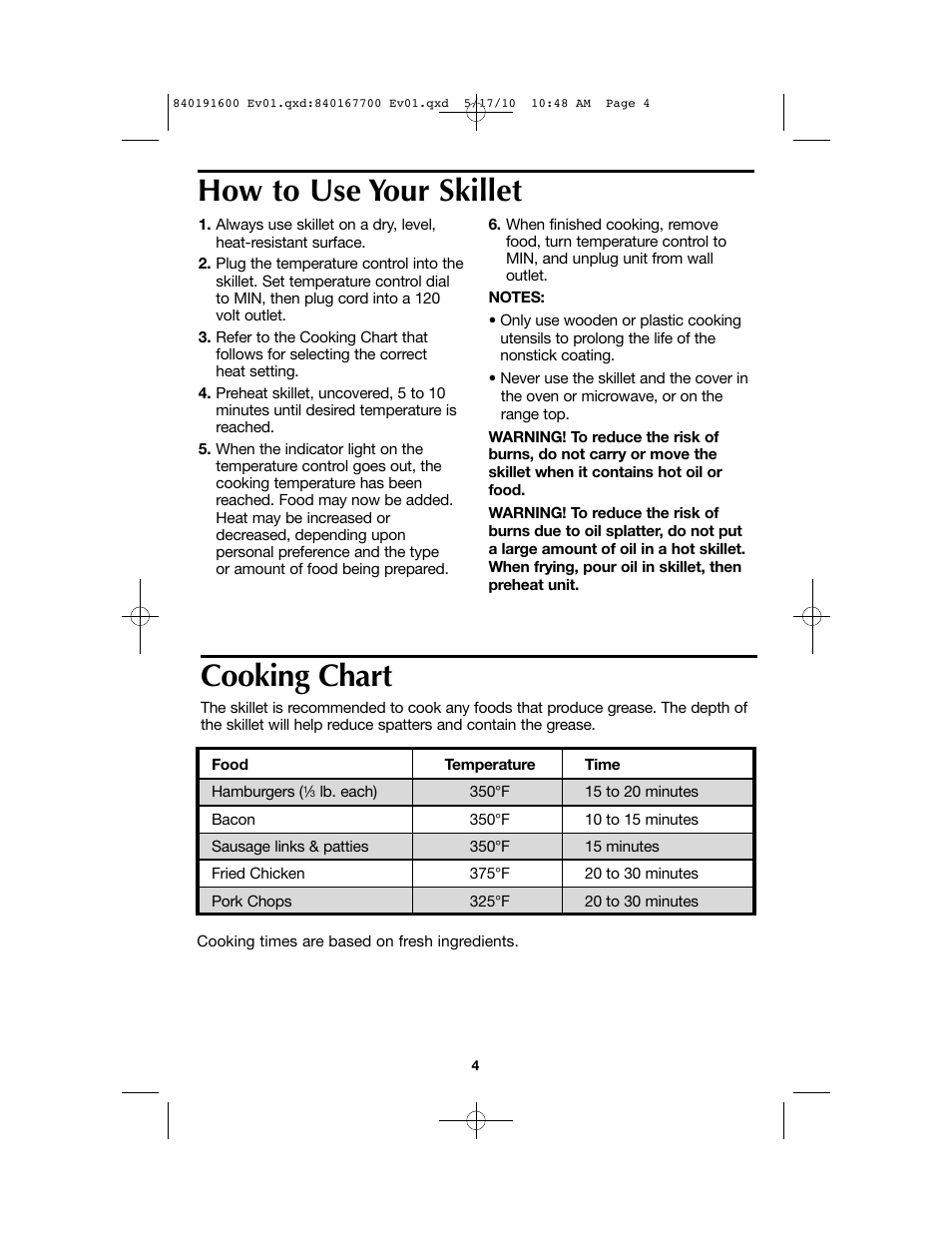 Cooking chart, How to use your skillet | Proctor-Silex Nonstick Electric Skillet-38520GY User Manual | Page 4 / 16