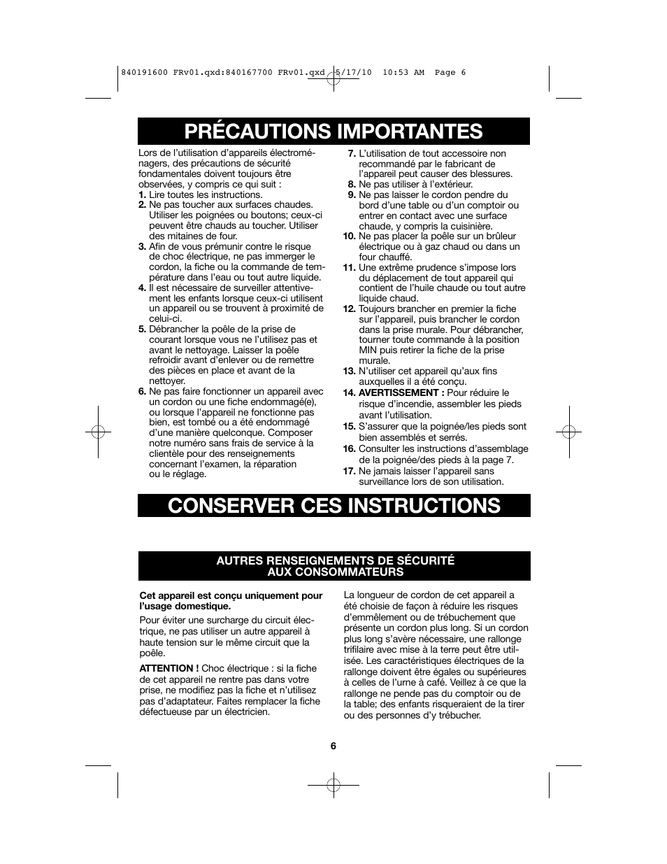 840191600 frv01, Précautions importantes conserver ces instructions | Proctor-Silex Nonstick Electric Skillet-38520GY User Manual | Page 6 / 16