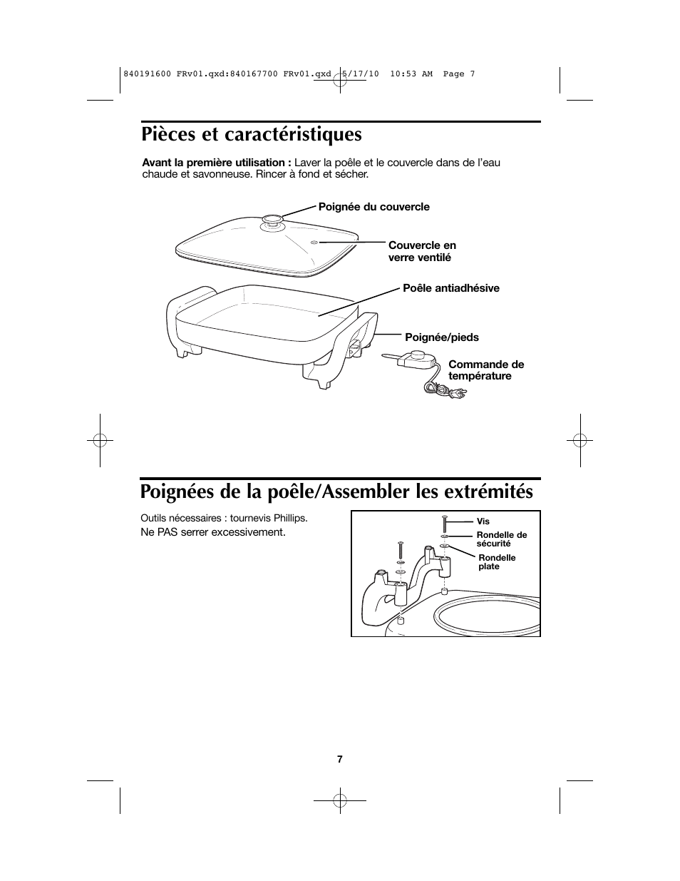 Pièces et caractéristiques, Poignées de la poêle/assembler les extrémités | Proctor-Silex Nonstick Electric Skillet-38520GY User Manual | Page 7 / 16