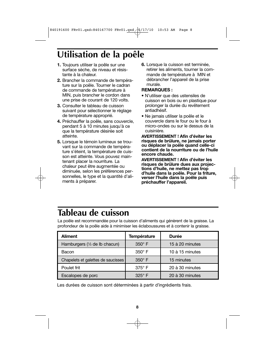 Tableau de cuisson, Utilisation de la poêle | Proctor-Silex Nonstick Electric Skillet-38520GY User Manual | Page 8 / 16