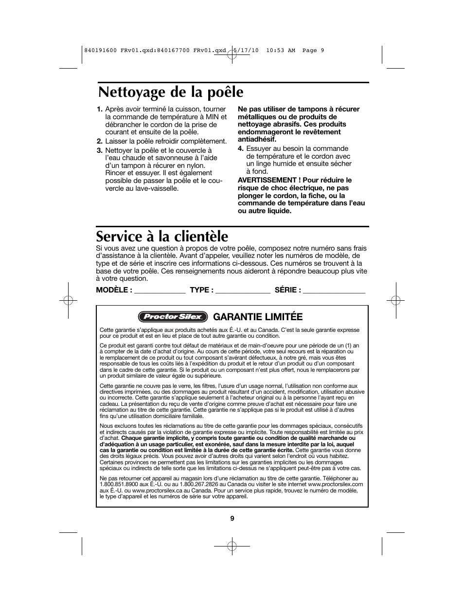 Service à la clientèle, Nettoyage de la poêle, Garantie limitée | Proctor-Silex Nonstick Electric Skillet-38520GY User Manual | Page 9 / 16