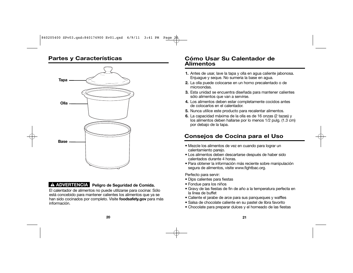 Cómo usar su calentador de alimentos, Consejos de cocina para el uso, Partes y características | Proctor-Silex Dip and Food Warmer-33100 User Manual | Page 13 / 17