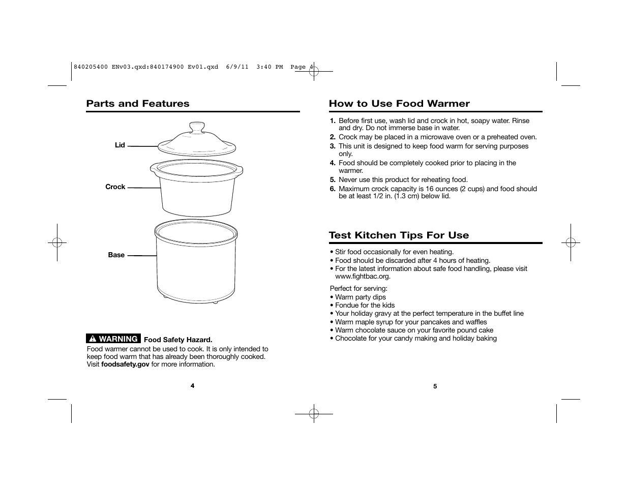 Parts and features, How to use food warmer, Test kitchen tips for use | Proctor-Silex Dip and Food Warmer-33100 User Manual | Page 3 / 17