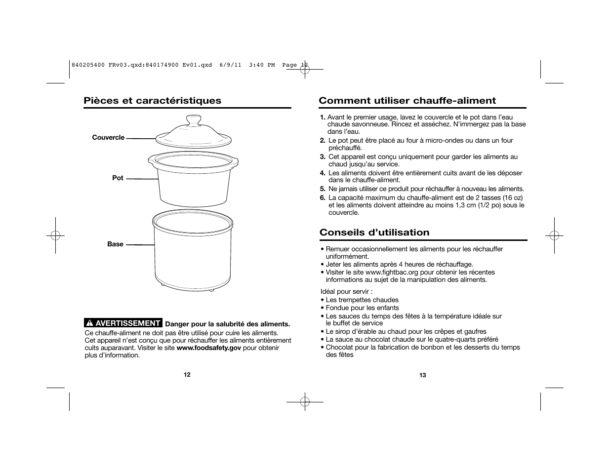 Pièces et caractéristiques, Comment utiliser chauffe-aliment, Conseils d’utilisation | Proctor-Silex Dip and Food Warmer-33100 User Manual | Page 8 / 17