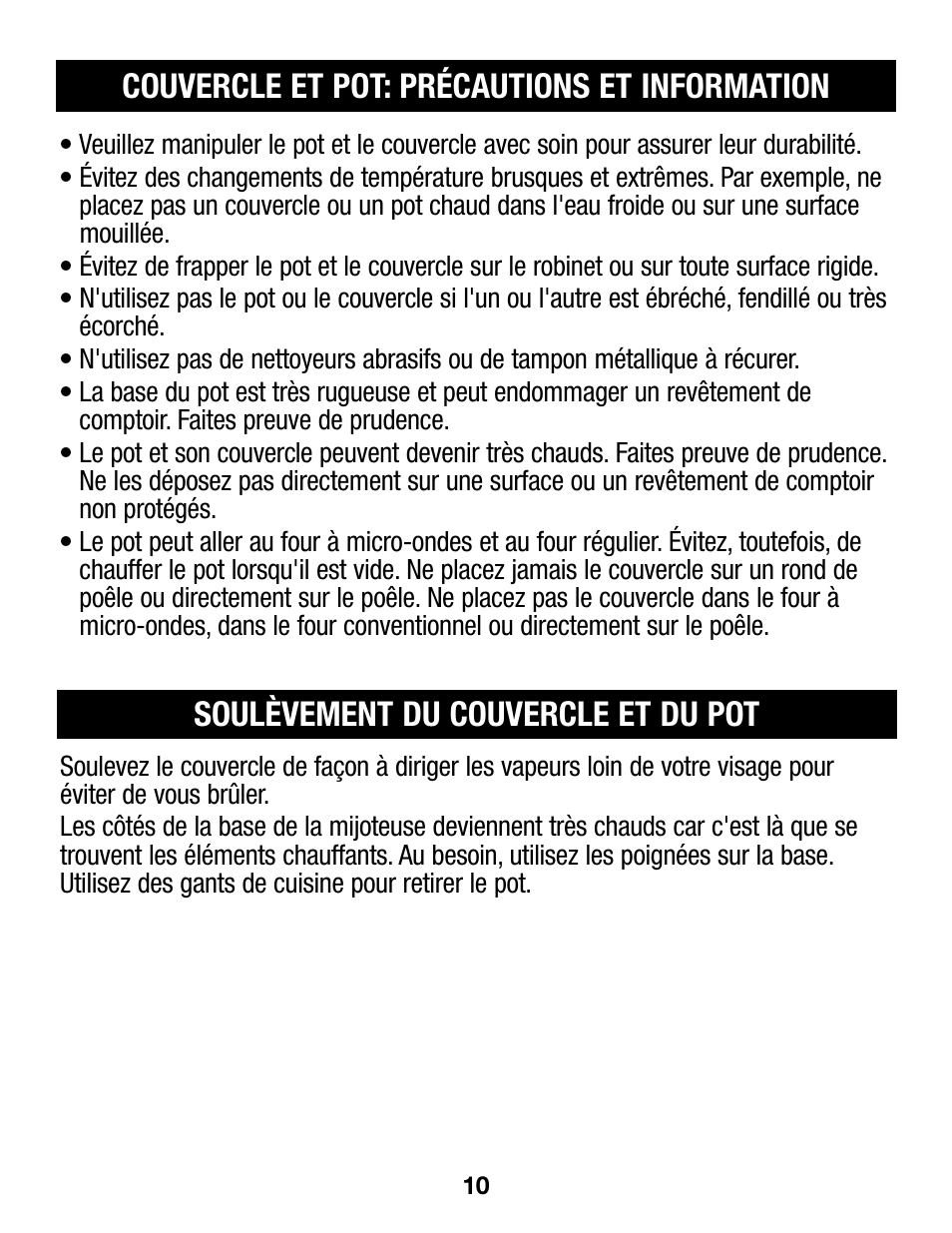 Couvercle et pot: précautions et information, Soulèvement du couvercle et du pot | Proctor-Silex 4 Quart Slow Cooker (round)-33040Y User Manual | Page 10 / 24