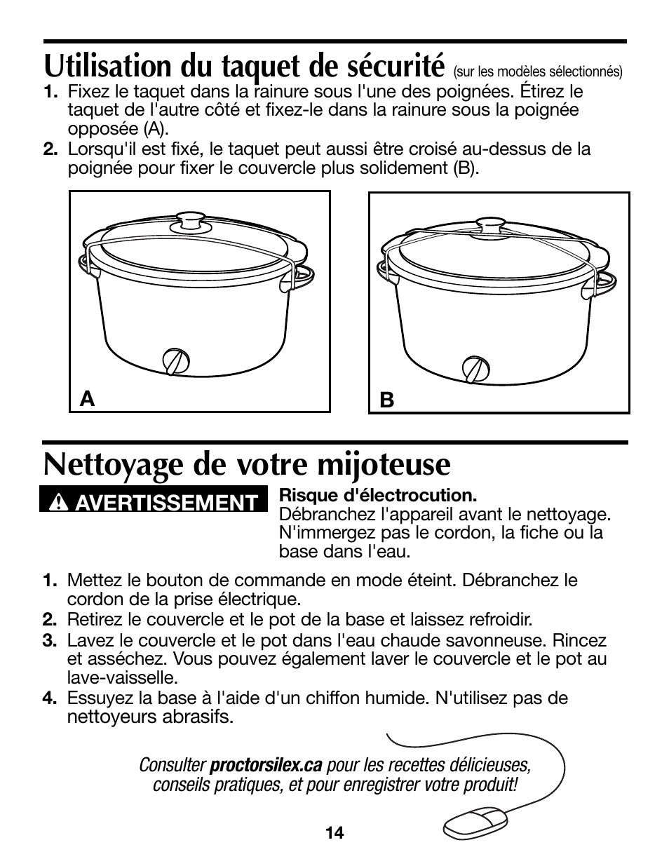 Nettoyage de votre mijoteuse, Utilisation du taquet de sécurité | Proctor-Silex 4 Quart Slow Cooker (round)-33040Y User Manual | Page 14 / 24