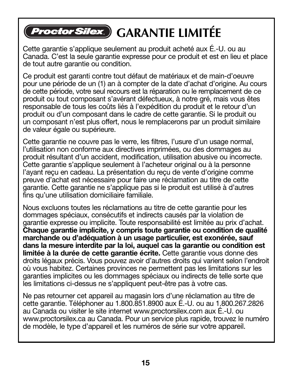 Garantie limitée | Proctor-Silex 4 Quart Slow Cooker (round)-33040Y User Manual | Page 15 / 24