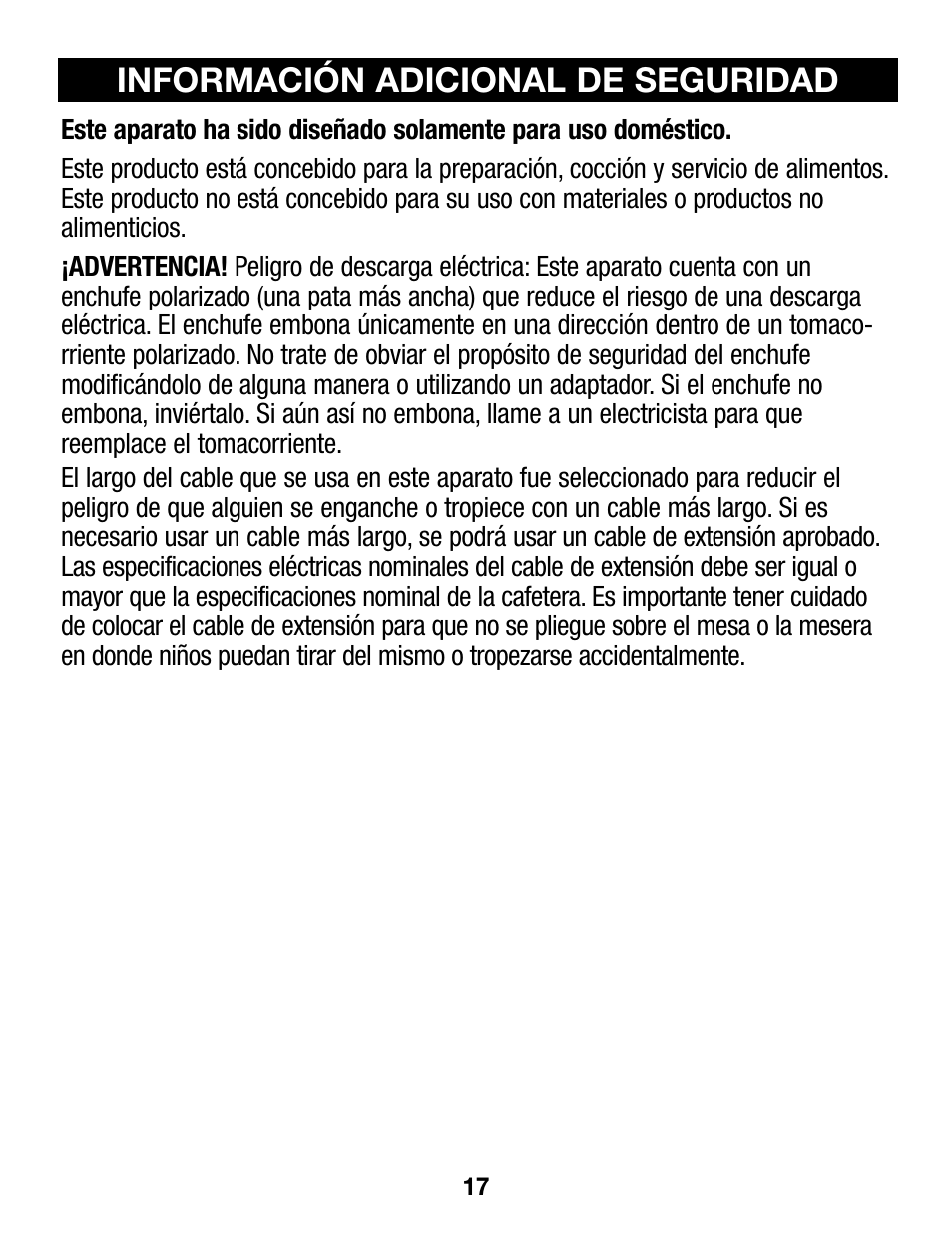 Información adicional de seguridad | Proctor-Silex 4 Quart Slow Cooker (round)-33040Y User Manual | Page 17 / 24