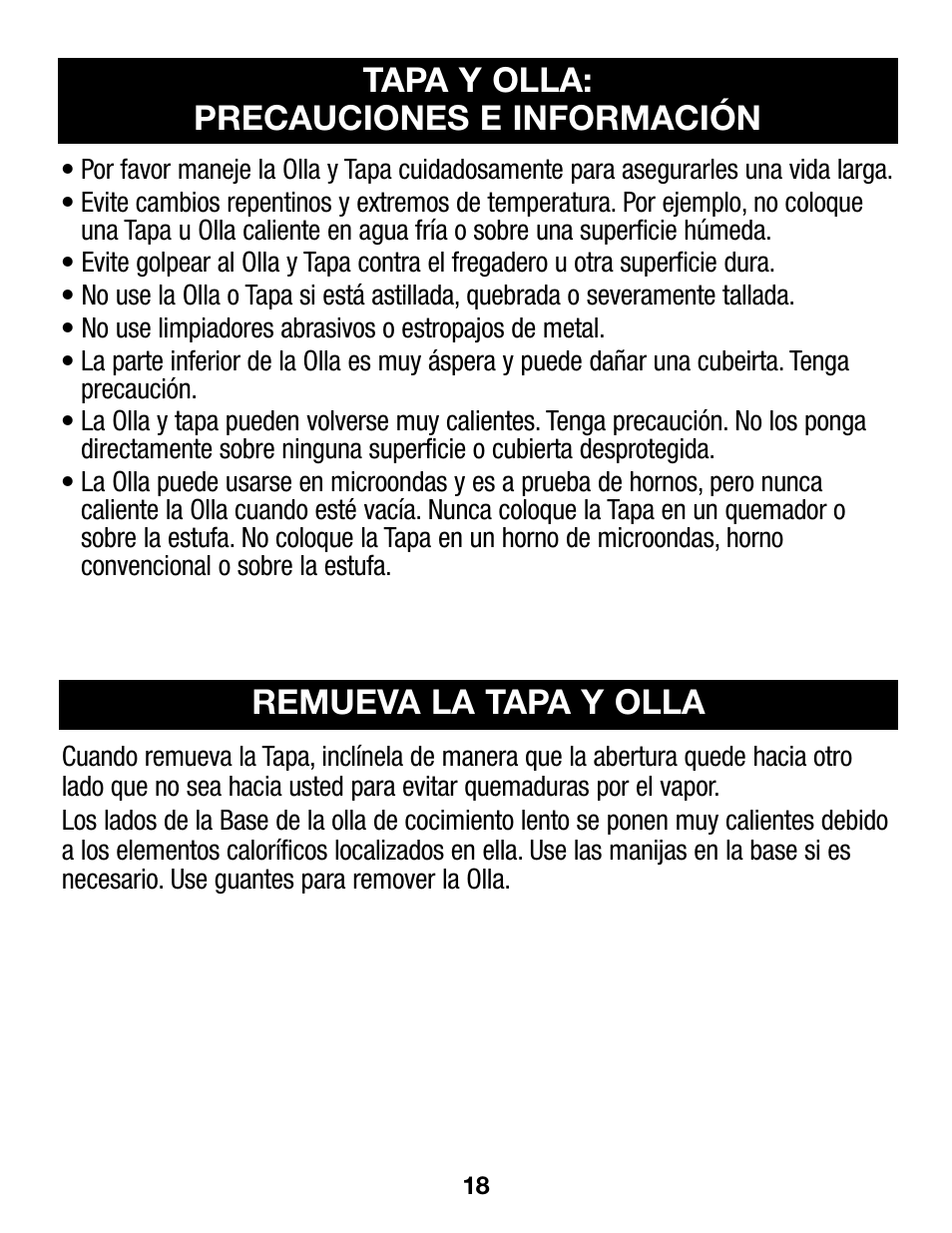 Tapa y olla: precauciones e información, Remueva la tapa y olla | Proctor-Silex 4 Quart Slow Cooker (round)-33040Y User Manual | Page 18 / 24